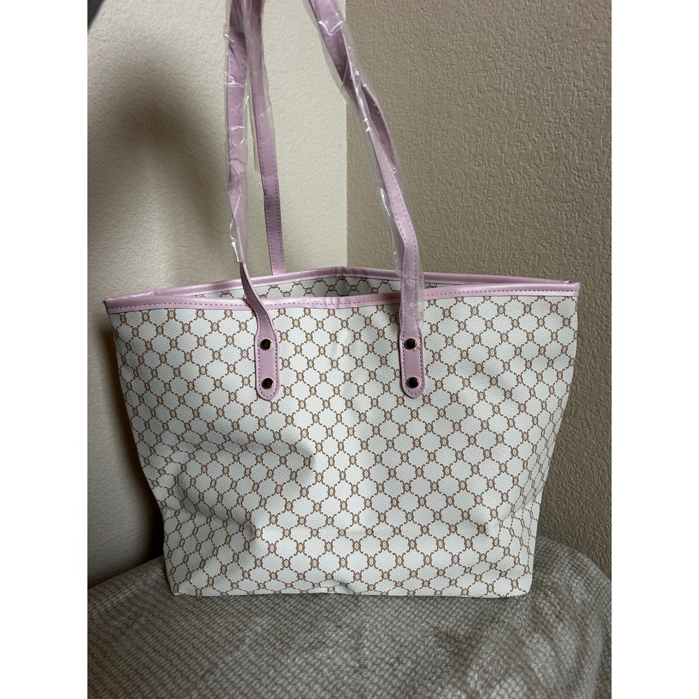 Womens Monogram Chain Link Print Tote Bag Pink Trim White Tan Shoulder Bag